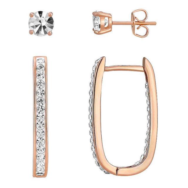 Chrystina Crystal Stud & Oval Hoop Earring Set, Womens, Rose Gold Tone Product Image