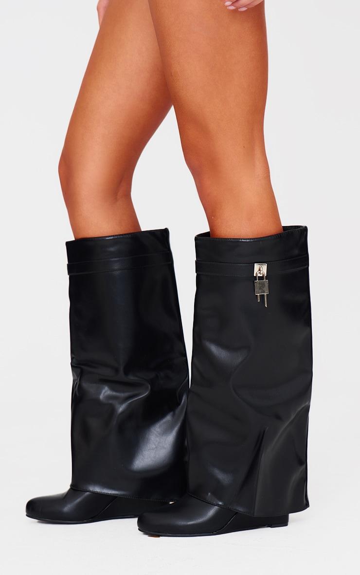 Black PU Point Toe Fold Over Lock Charm Wedge Heeled Knee Boots Product Image