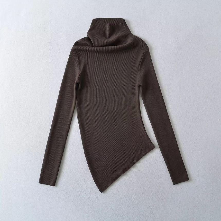 Long-Sleeve Turtleneck Asymmetrical Plain Knit Top Product Image