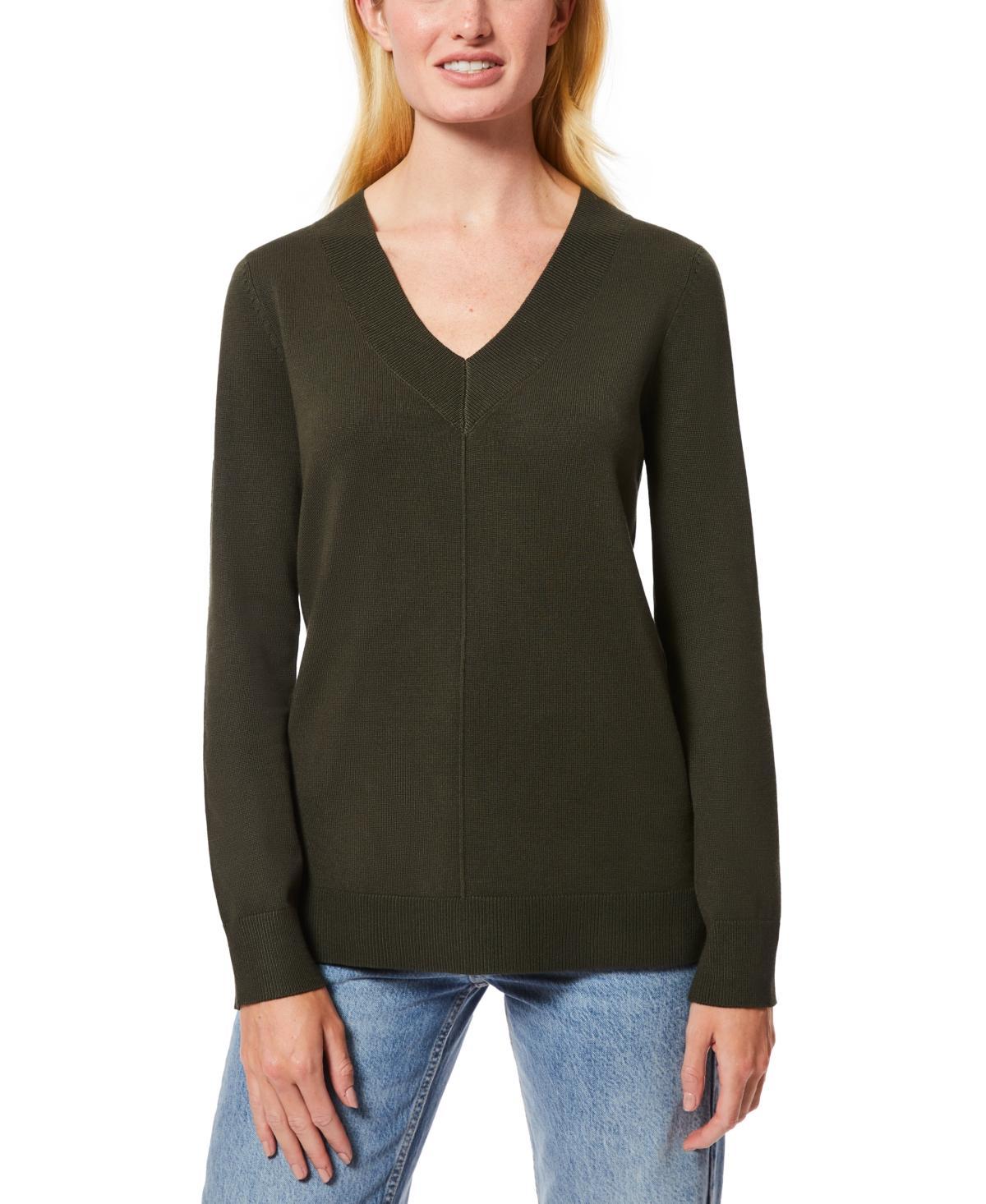 Melissa Paige Womens Ribbed Seamed Long-Sleeve High-Low-Hem V-Neck Sweater Product Image