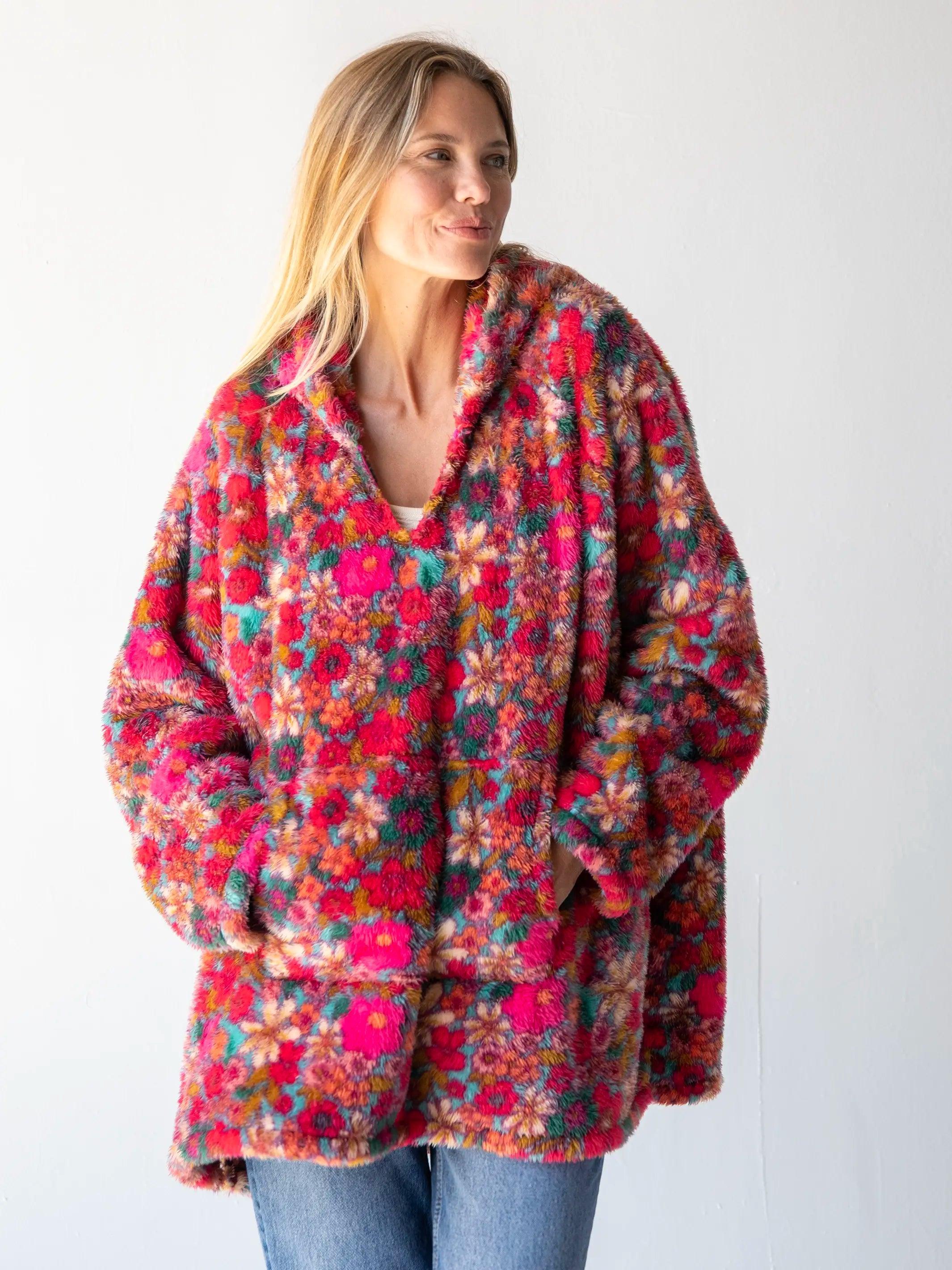 Oversized Blanket Hoodie - Turquoise Pink Retro Floral Product Image