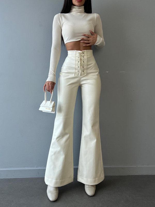 Flared High Waisted Lace-Up Split-Joint Pants Trousers Product Image