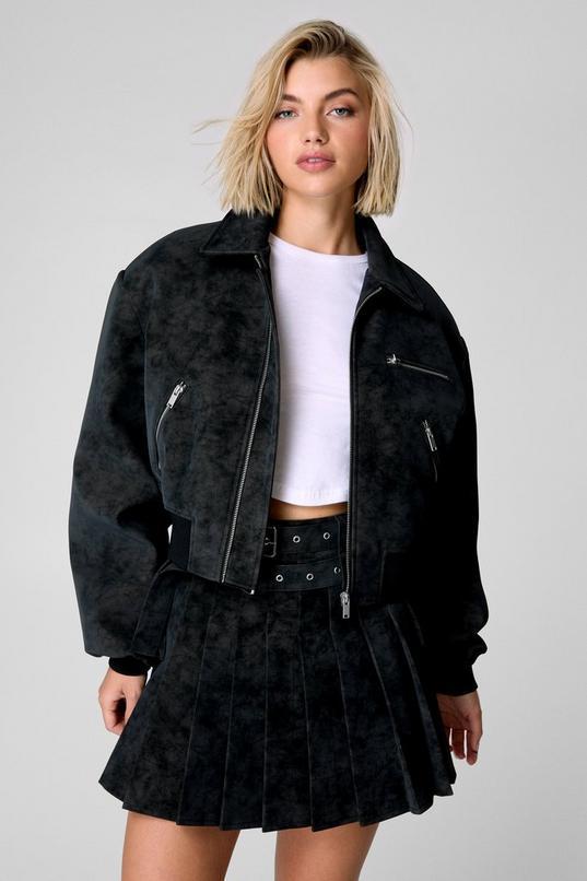 Distressed Faux Leather Bomber Jacket Product Image