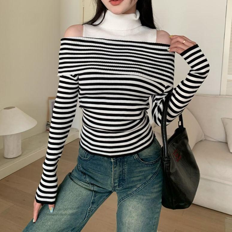 Mock Two-Piece Long-Sleeve Turtleneck Cold Shoulder Striped Knit Top Product Image