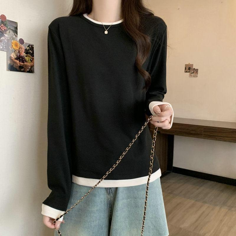 Long Sleeve Round Neck Mock Two Piece Tee Product Image