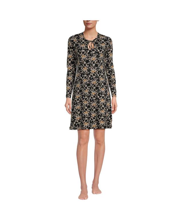 Lands End Womens Cotton Interlock Long Sleeve Above the Knee Nightgown - Black Product Image