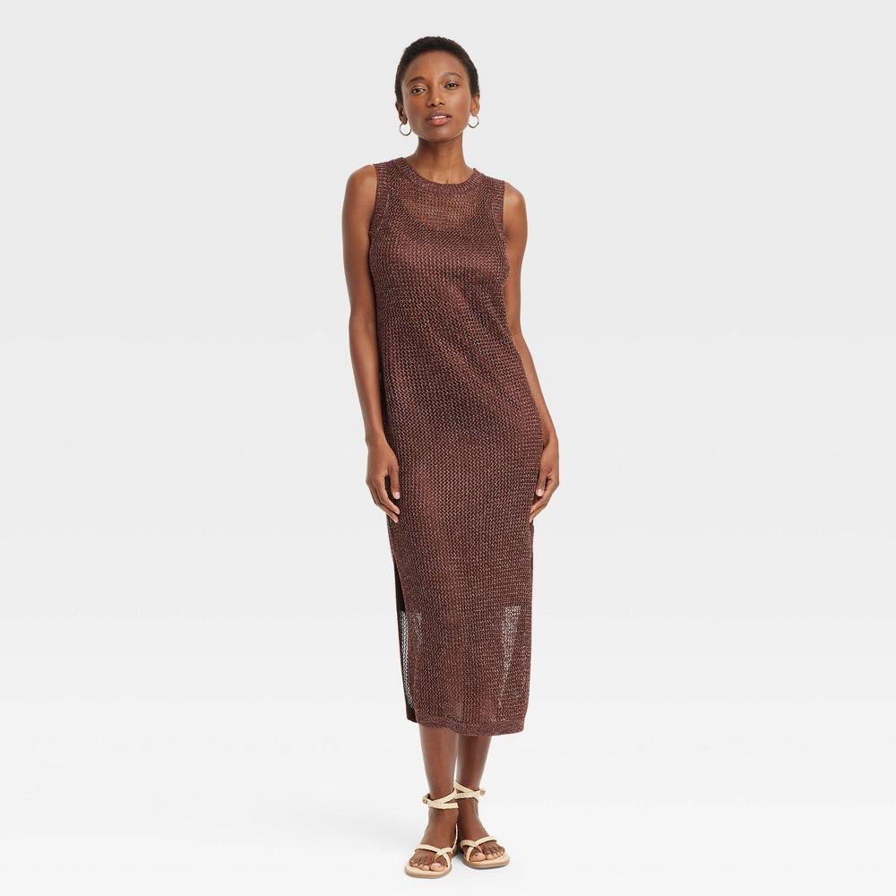 Womens Openwork Midi Tank Dress - A New Day Brown L Product Image