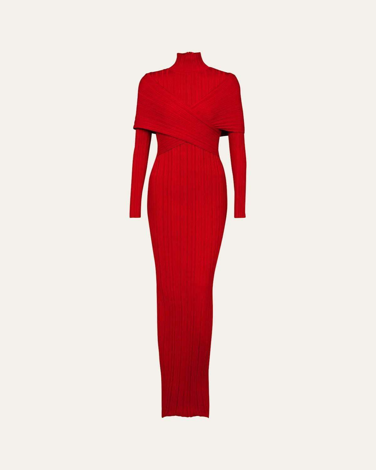 BALMAIN Red Pleated Knit Maxi Dress Product Image