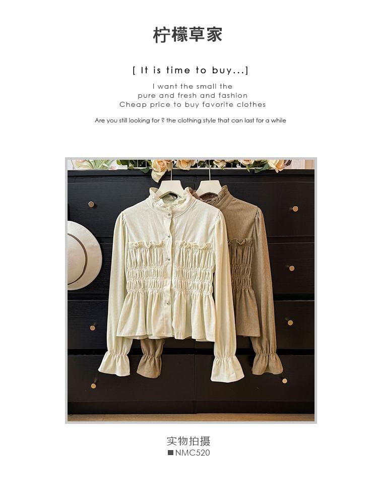 Ruffle-Trim Stand-Collar Smocked Shirt Product Image