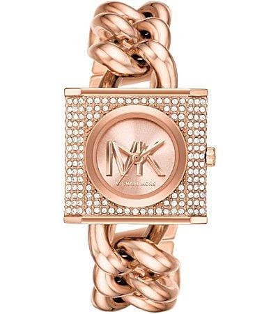 Michael Kors Womens MK Chain Lock Three-Hand Rose Gold-Tone Crystal Stainless Steel Watch Product Image