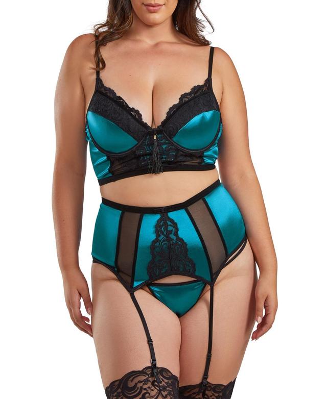 iCollection Womens Lux Satin and Lace Garter 3 Piece Lingerie Set - Teal Product Image