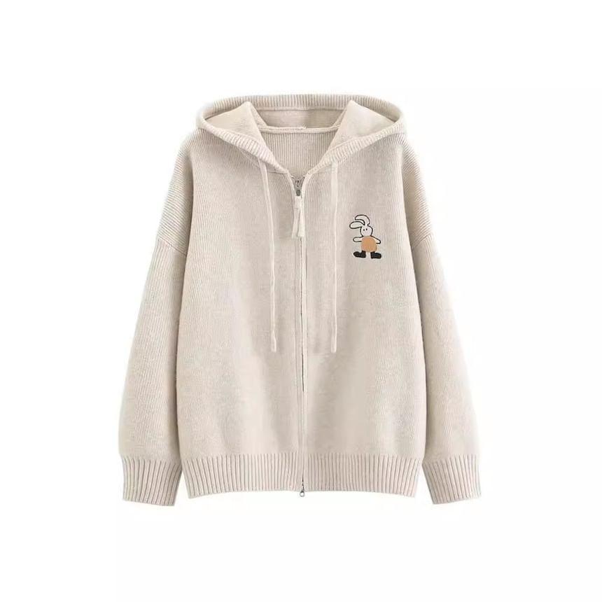 Hooded Rabbit Embroidered Zip Up Knit Cardigan Product Image