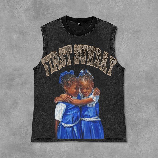 Retro First Sunday Faith Graphic Print Acid Washed Sleeveless Tank Top Product Image