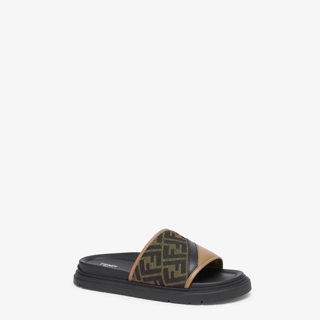 Fendi Diagonal SlidesBrown FF jacquard and beige leather slides Product Image