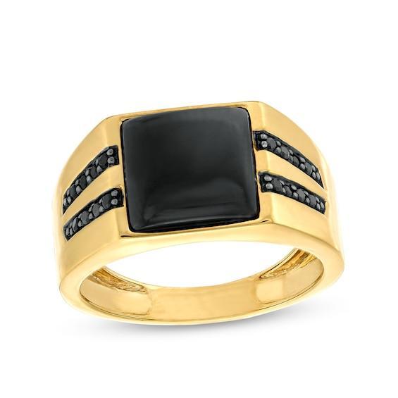 Men's 10.0mm Square Onyx and 1/6 CT. T.w. Black Diamond Double Row Ring in 10K Gold Product Image