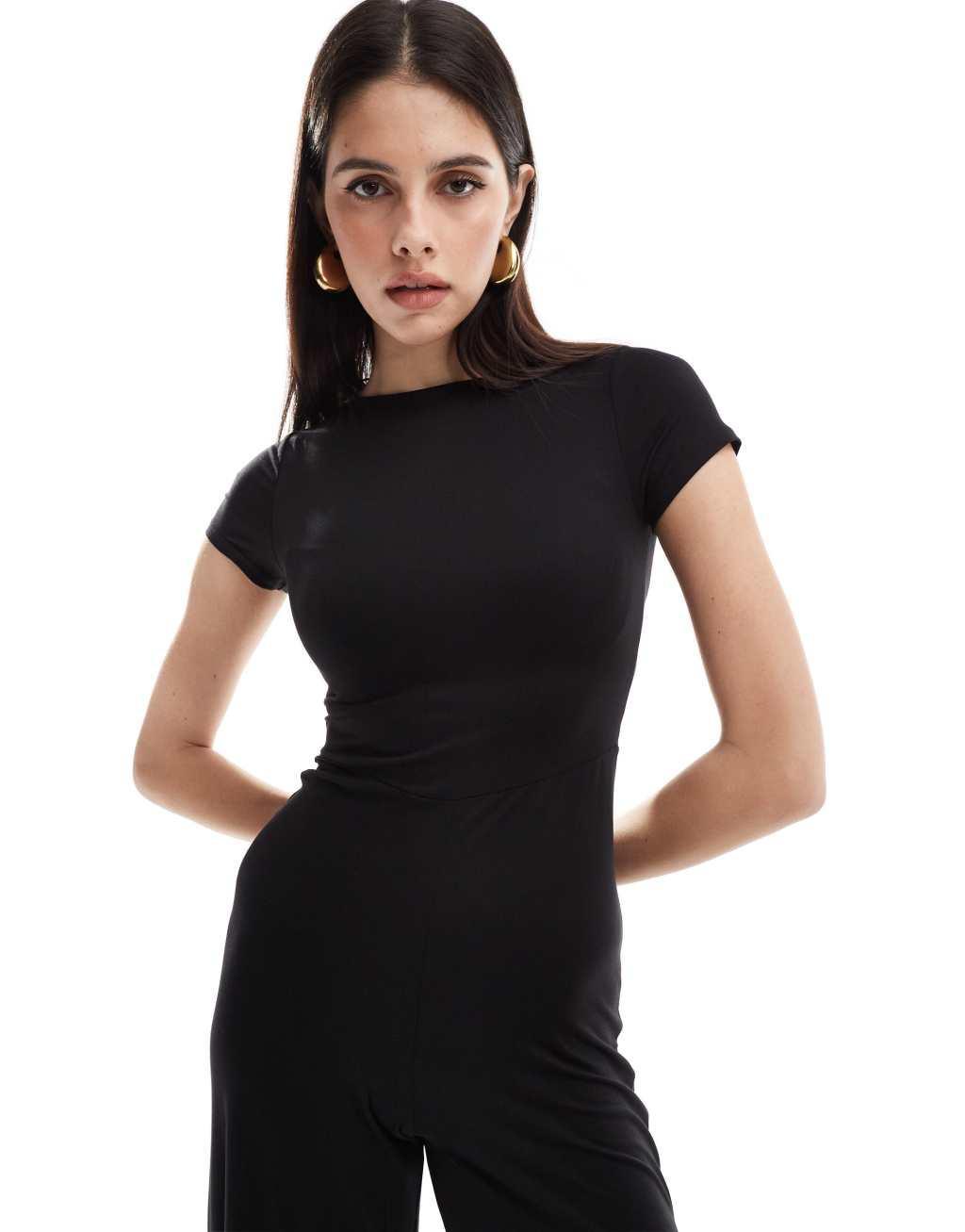 ASOS DESIGN cap sleeve slash neck jumpsuit in black Product Image