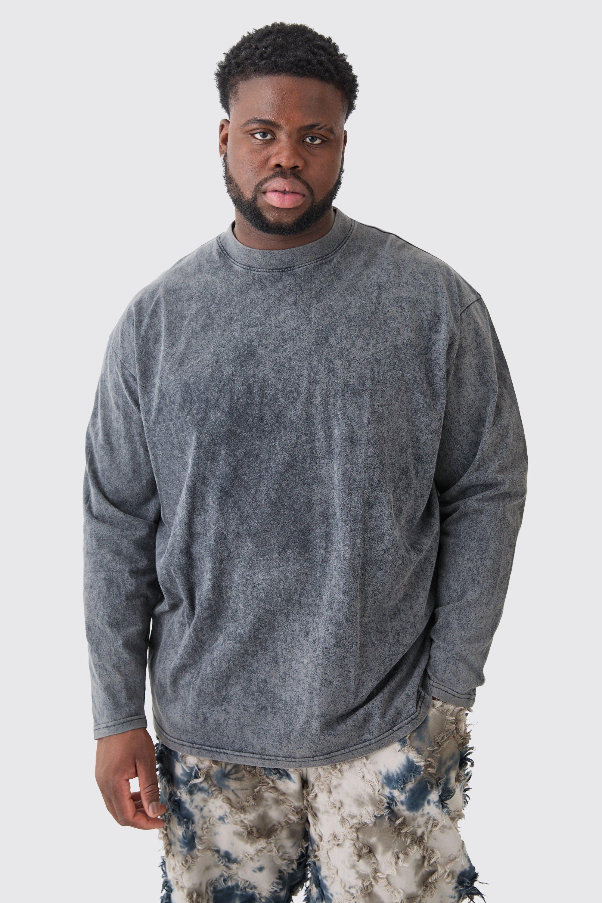 Mens Grey Plus Oversized Extended Neck Laundered Wash Long Sleeve T-shirt, Grey Product Image