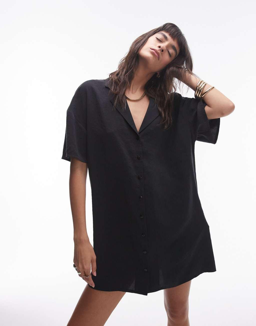 Topshop button down mini shirt dress in black Product Image