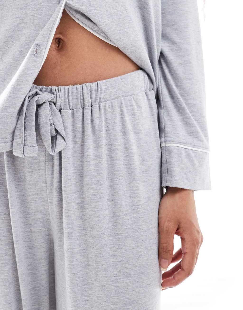 ASOS DESIGN Petite super soft long sleeve shirt & pants pajama set with contrast piping in gray heather Product Image