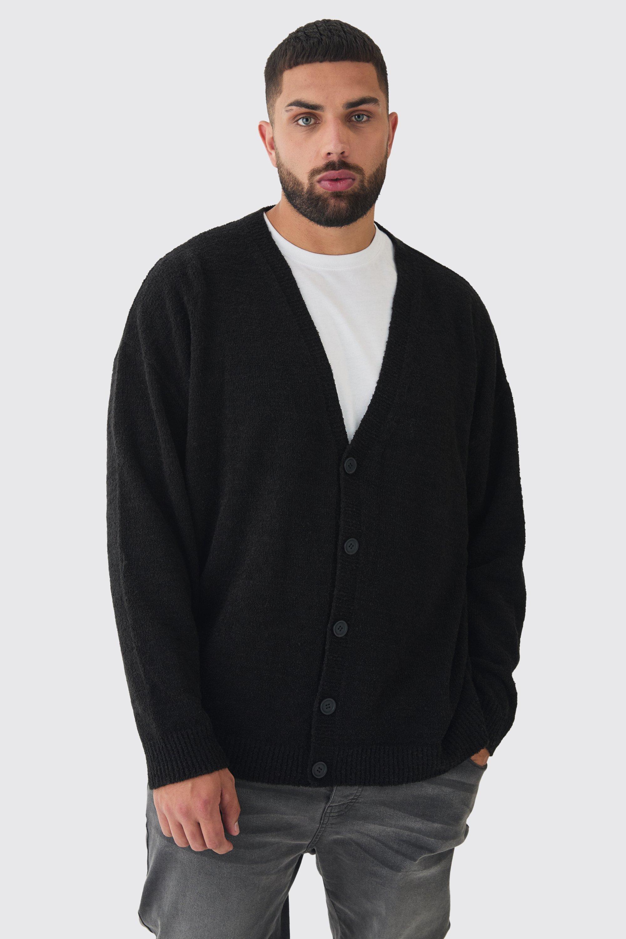 Mens Black Plus Boucle Knit Drop Shoulder Cardigan, Black Product Image