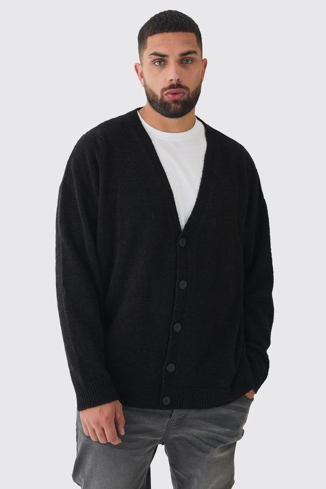 Mens Black Plus Boucle Knit Drop Shoulder Cardigan, Black Product Image