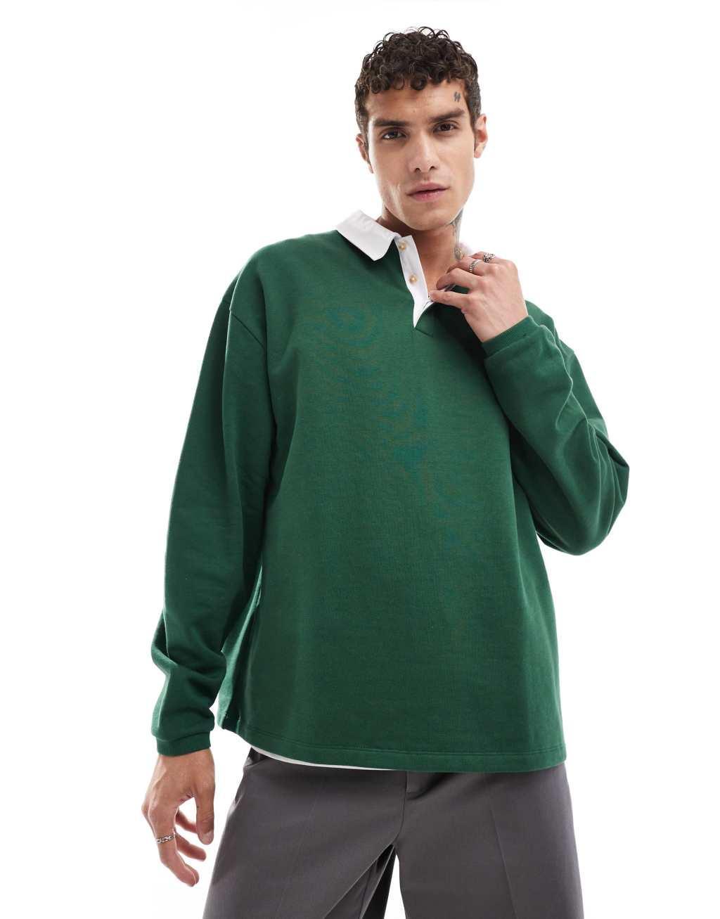 ASOS DESIGN oversized rugby polo sweatshirt in dark green Product Image