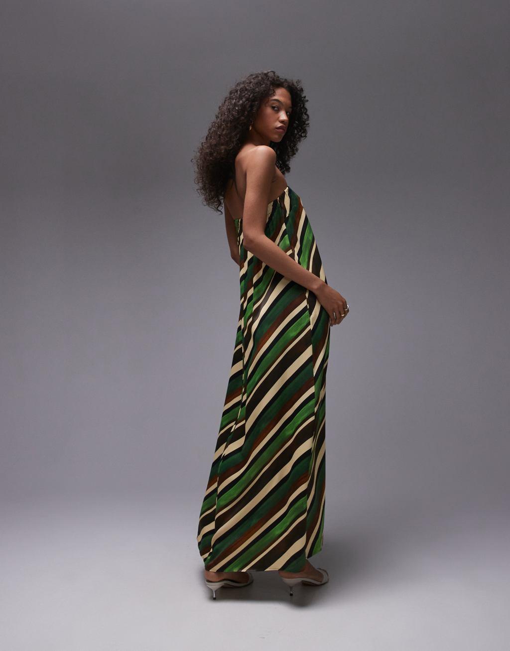 Topshop satin maxi bandeau in green stripe print Product Image