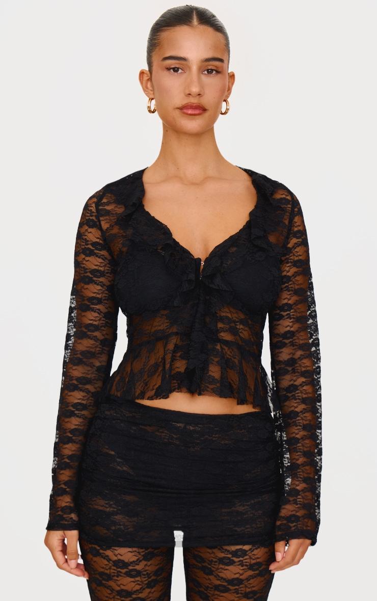 Black Laced Tie Long Sleeve Top  Product Image