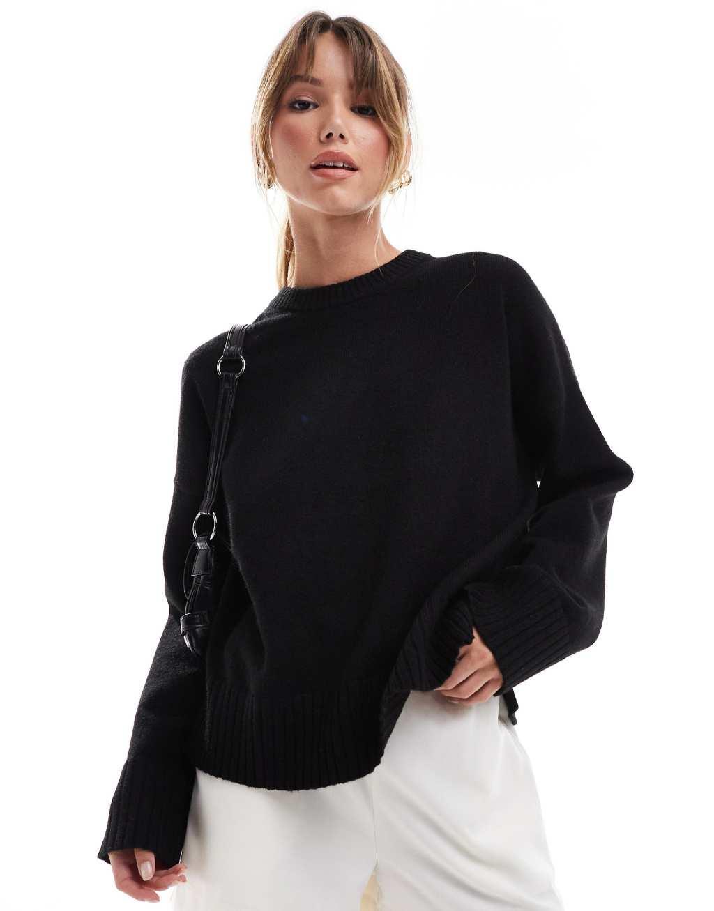 Bershka chunky crew neck sweater in black Product Image