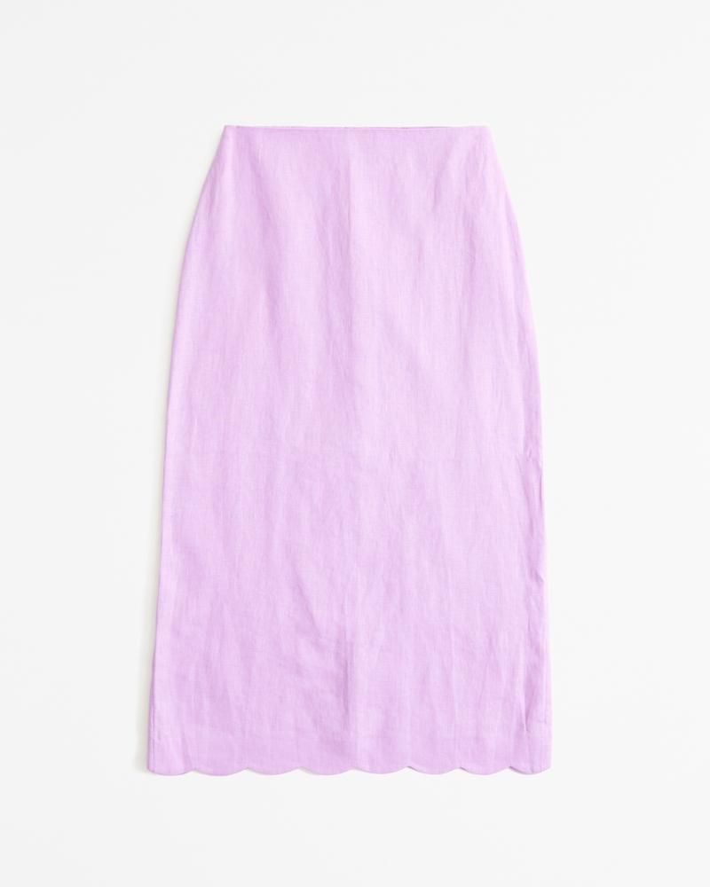 Premium Linen Scallop-Hem Midi Skirt Product Image