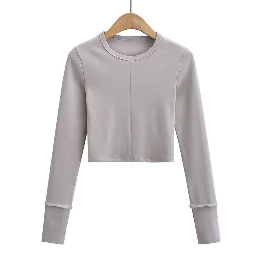 Long-Sleeve Round Neck Plain Crop Tee Product Image