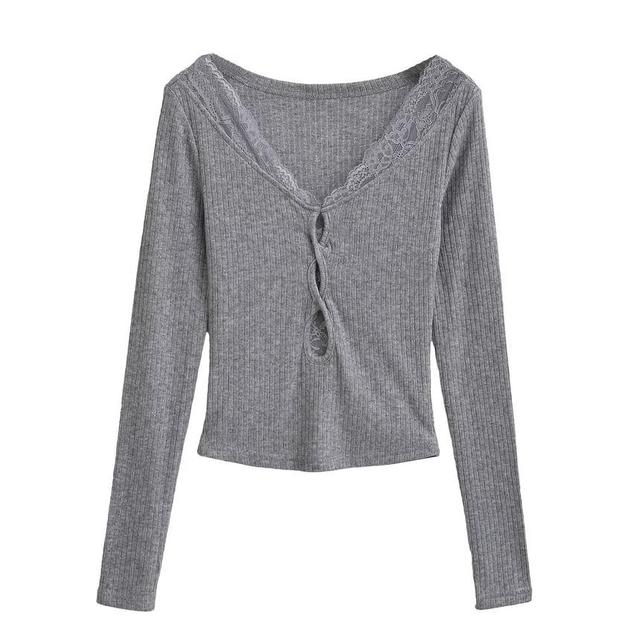 Long-Sleeve V-Neck Cutout Plain Knit Top Product Image