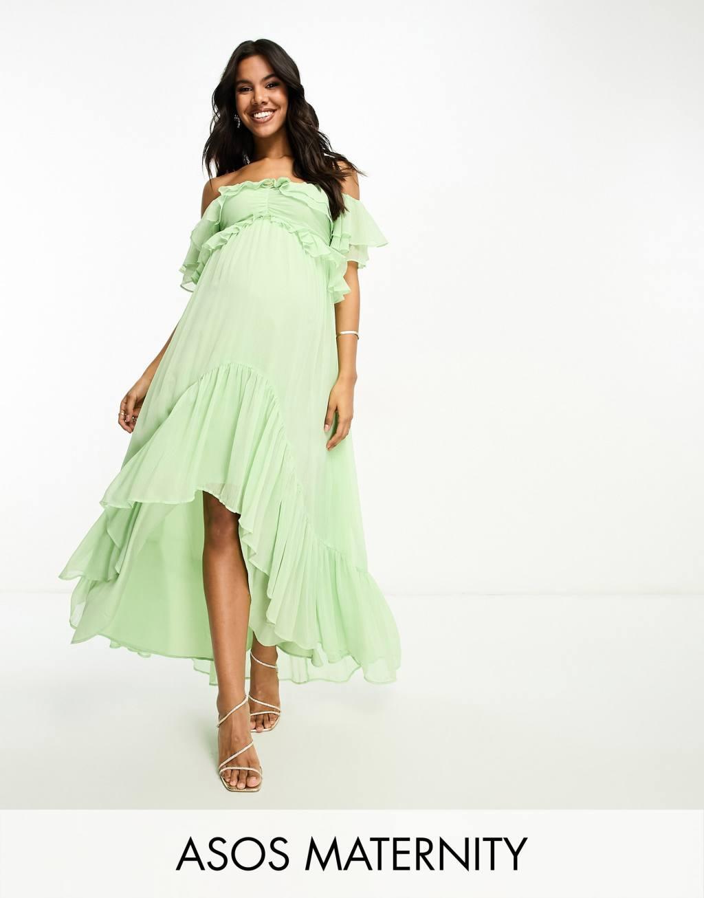 ASOS DESIGN Maternity ruffle cut out off the shoulder maxi dress with hi low hem Product Image