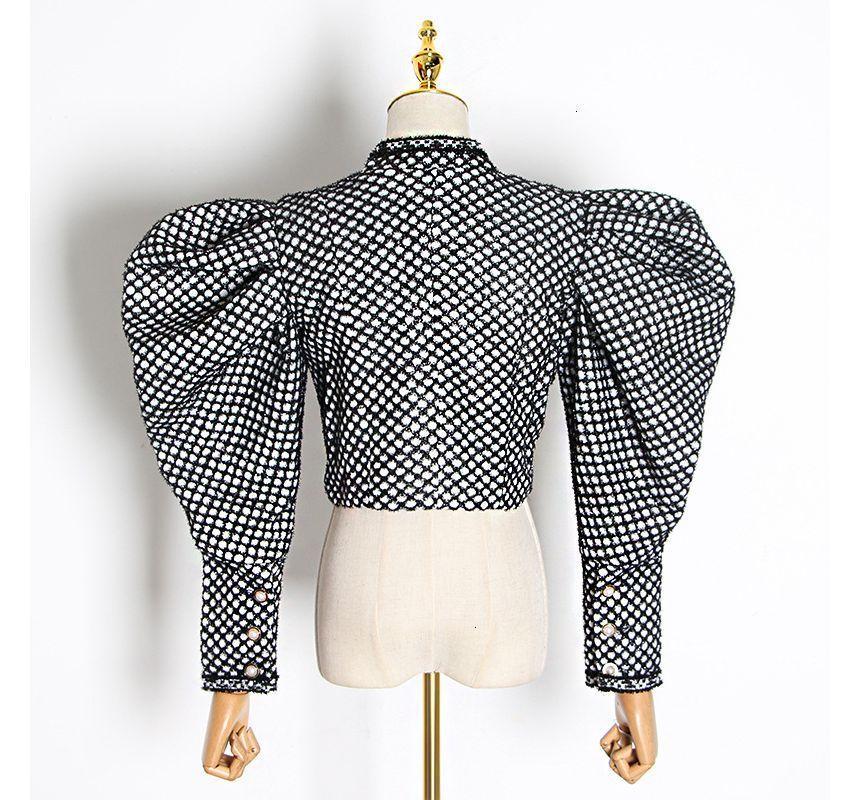 Puff-Sleeve Argyle Print Crop Button-Up Top Product Image