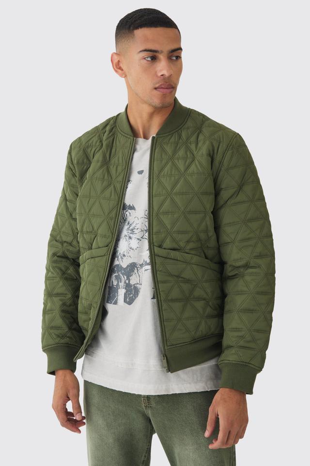 Mens Green Quilted Bomber Jacket In Khaki, Green Product Image