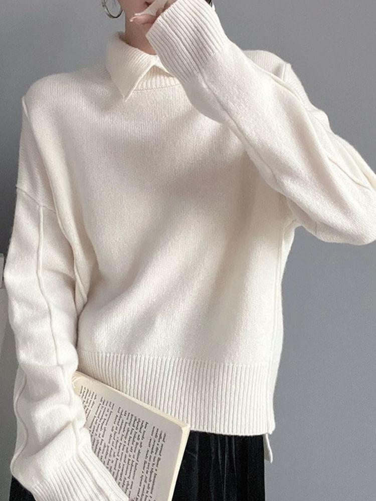 Long-Sleeve Polo-Neck Plain Sweater Product Image