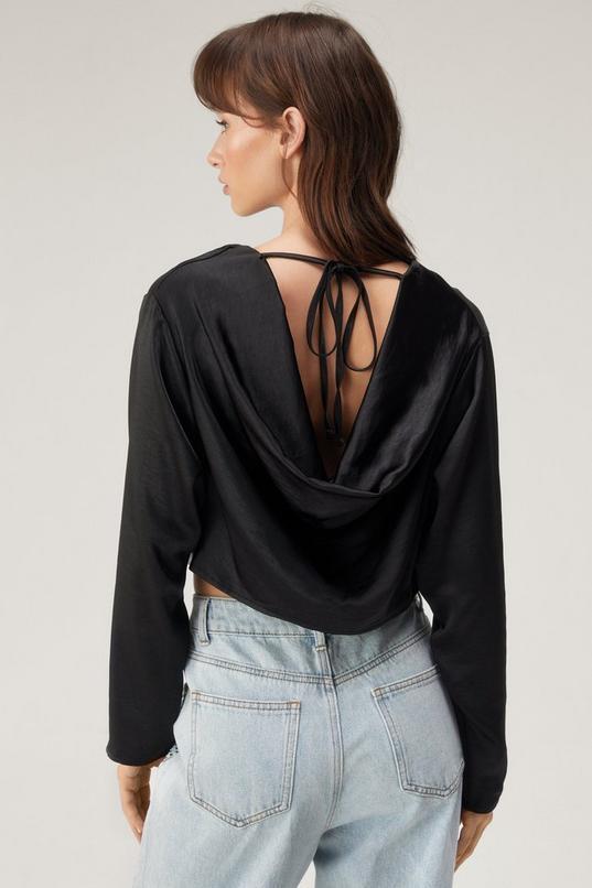 Cowl Back Textured Satin Long Sleeve Crop Top Product Image