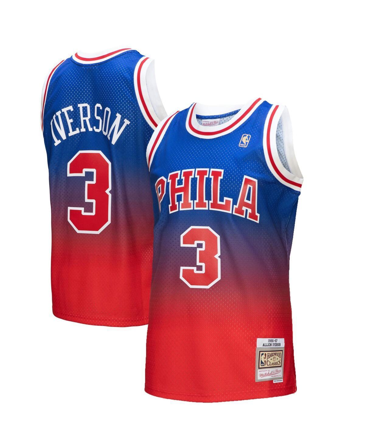 Mens Mitchell & Ness Allen Iverson Red/Royal Philadelphia 76ers 1996/97 Hardwood Classics Fadeaway Swingman Player Jersey Product Image