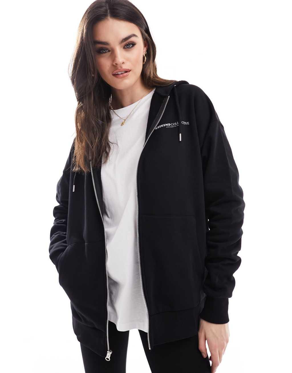 Weekend Collective oversized zip up hoodie with logo in black - part of a set Product Image