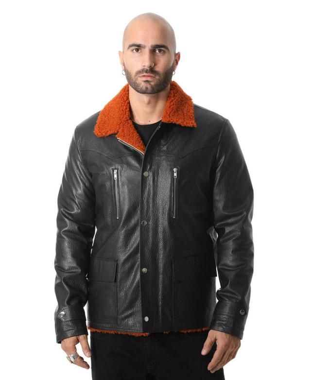 Furniq Uk Mens Genuine Leather Coat with Shearling Lining Nappa and Orange Curly Wool - Black Product Image