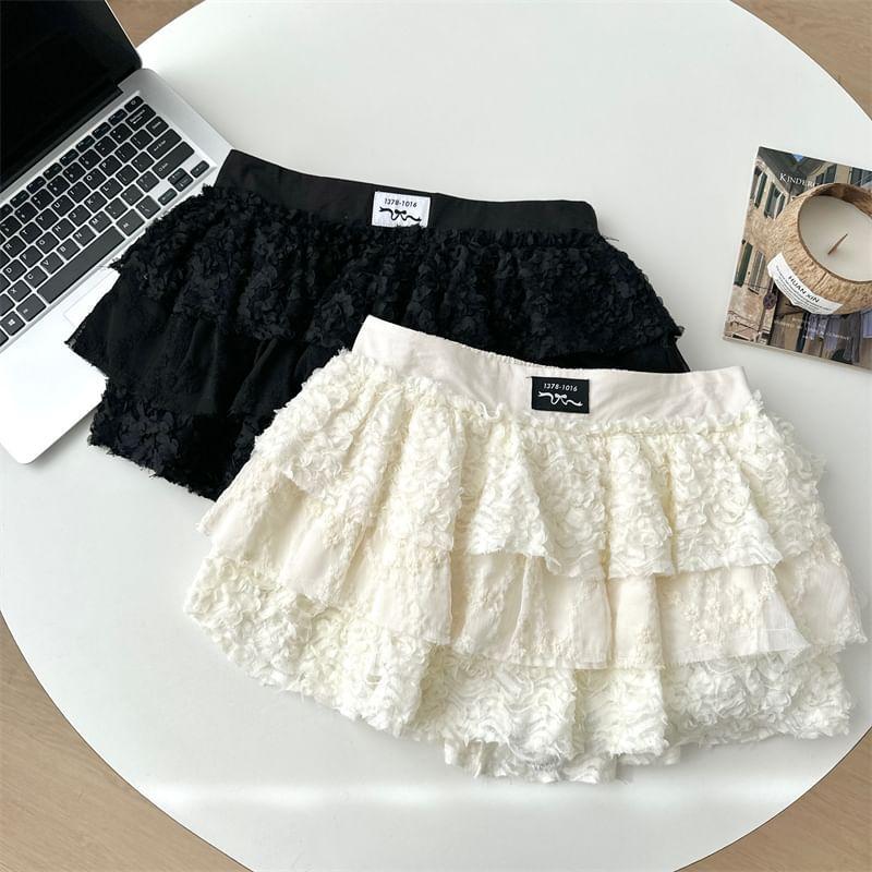 High Waist Plain Tiered Panel Lace Mini A-Line Skirt Product Image