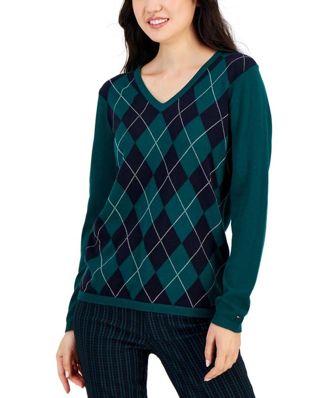 Tommy Hilfiger Womens Cotton Argyle V-Neck Sweater Product Image