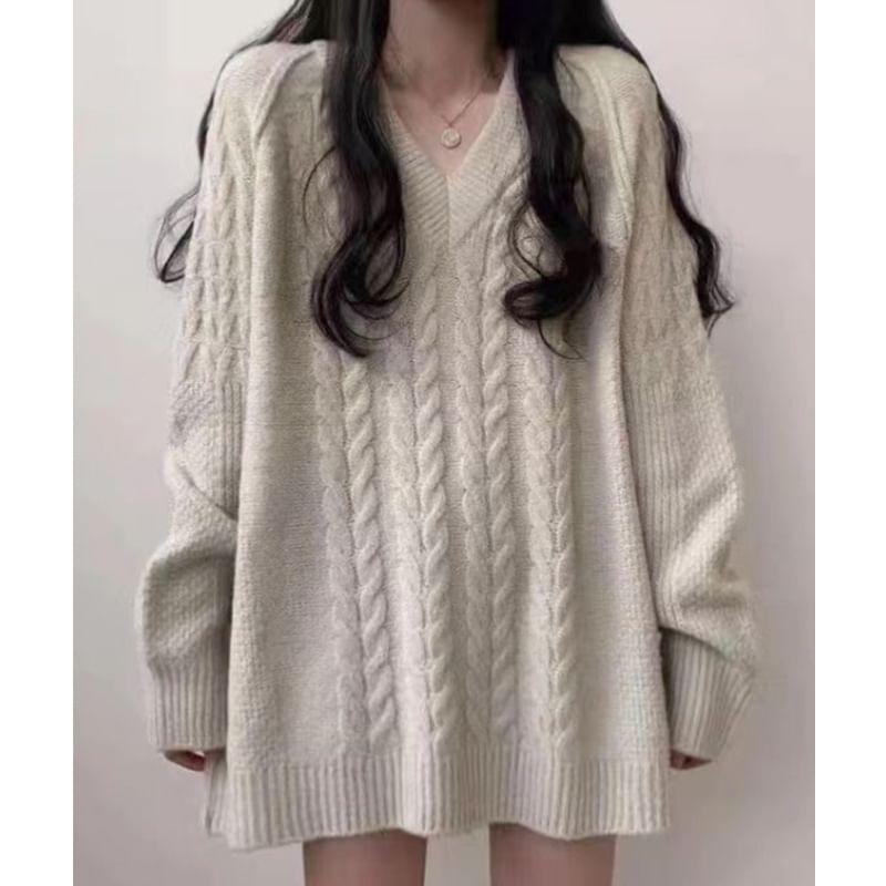 V-Neck Plain Cable Knit Oversized Sweater Product Image