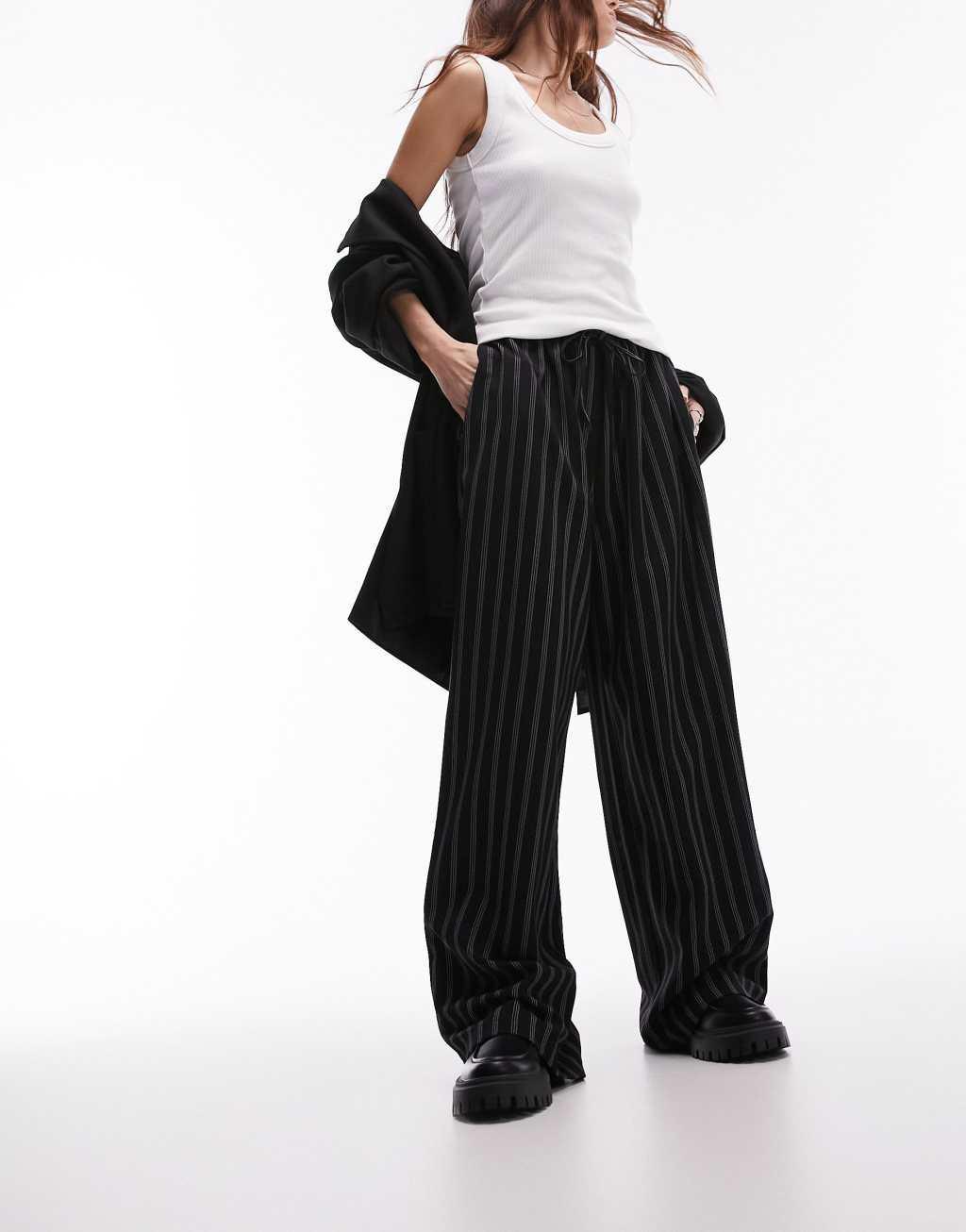 Topshop stripe draw cord waist wide leg sweatpants in black Product Image