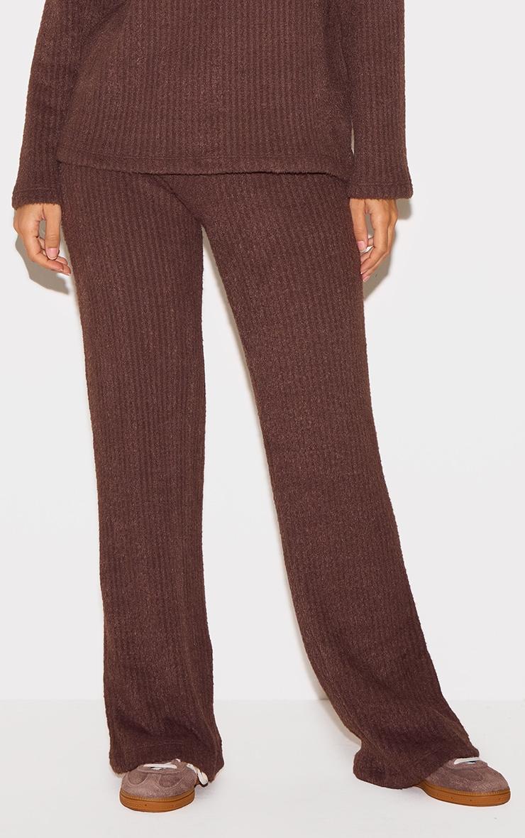 Chocolate Textured Soft Rib Mid Rise Straight Leg Pants Product Image