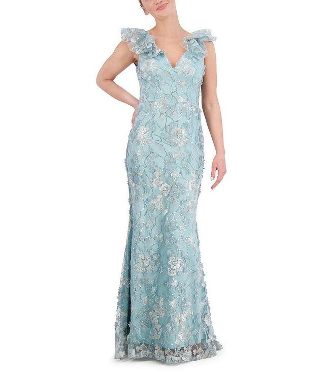 Eliza J 3D Floral V-Neck Ruffle Cap Sleeve Gown Product Image