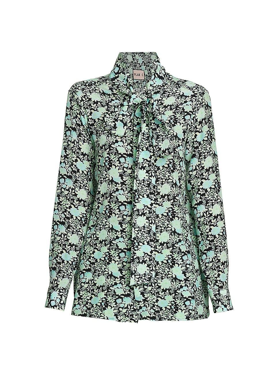 Womens Floral Silk Tie-Neck Shirt Product Image