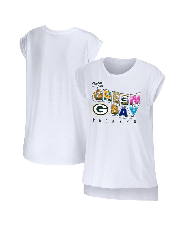 Womens Wear by Erin Andrews White Green Bay Packers Greetings From Muscle T-shirt Product Image