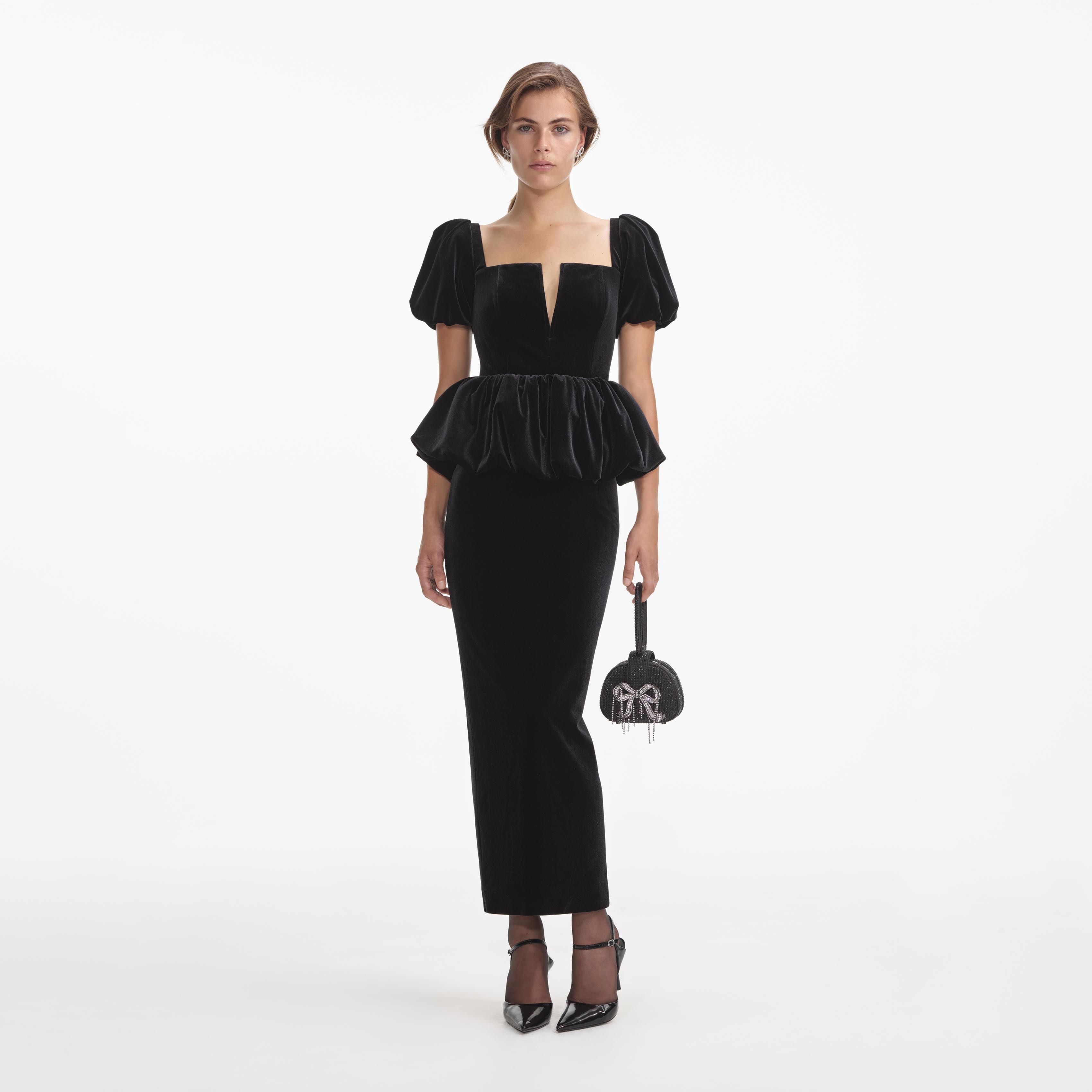 Black Velvet Peplum Midi Dress Product Image