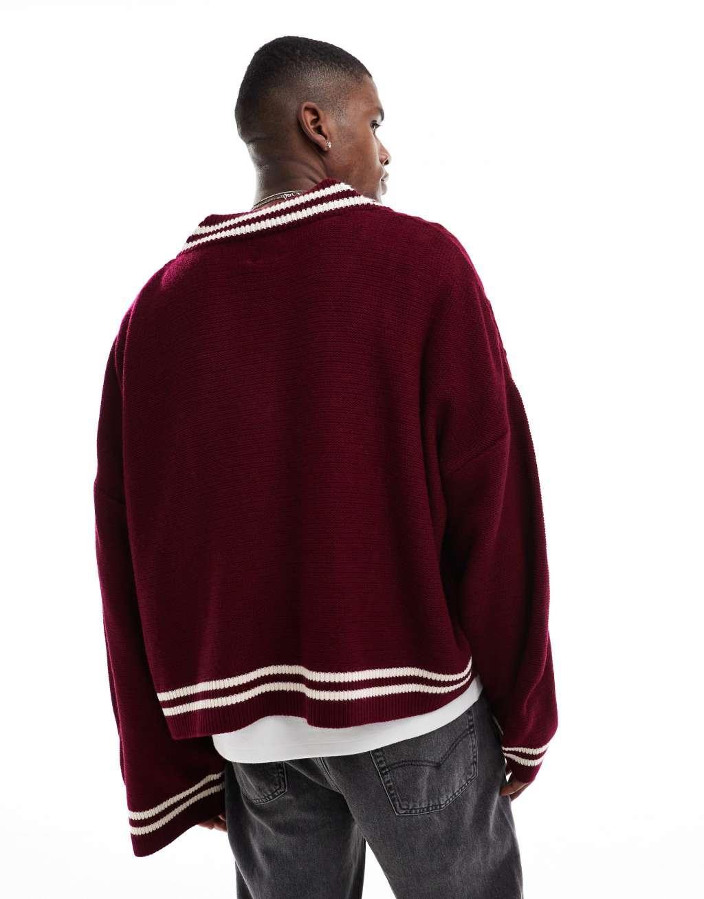 ASOS DESIGN knitted extreme oversized cropped v neck sweater in burgundy with tipping Product Image